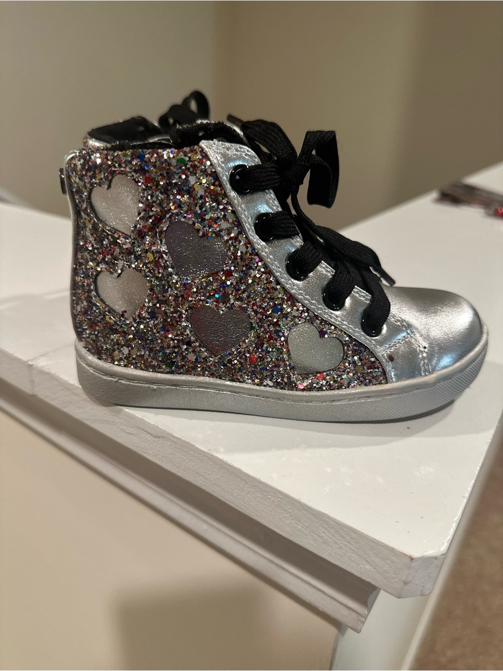 Nina Silver Glitter Heart High-Top Sneaker with Multicolor Sparkle